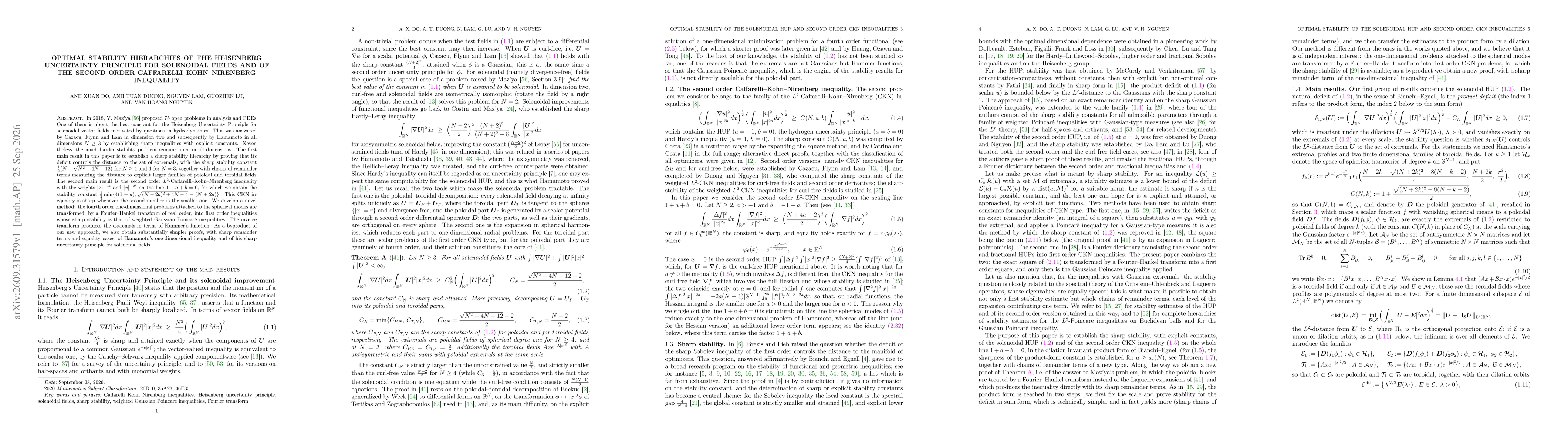 Thumbnail for Optimal stability hierarchies of the Heisenberg Uncertainty Principle for solenoidal fields and of the second order Caffarelli--Kohn--Nirenberg inequalities
