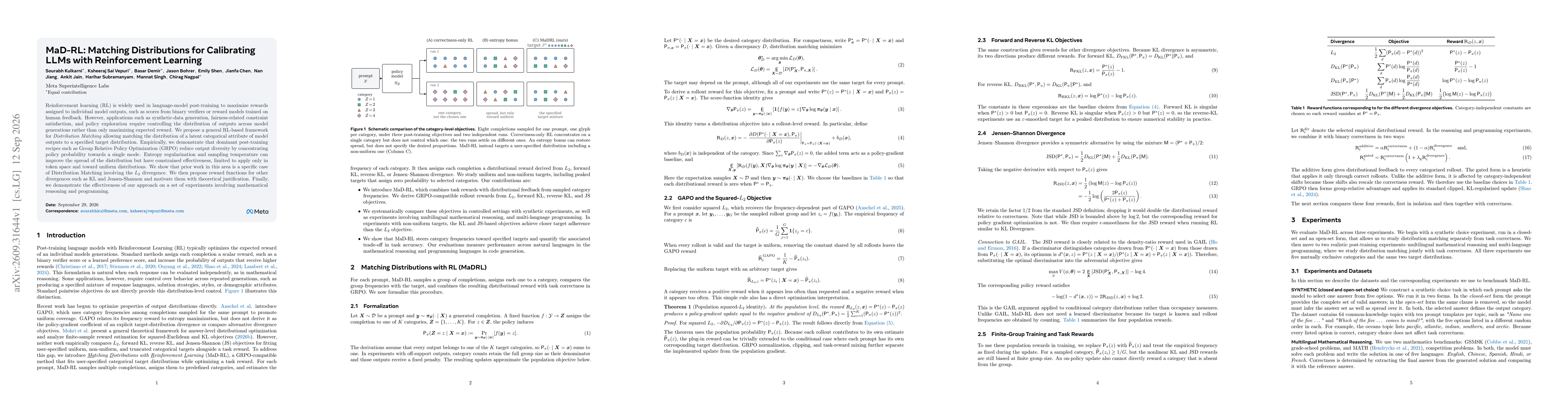 Thumbnail for MaD-RL: Matching Distributions for Calibrating LLMs with Reinforcement Learning