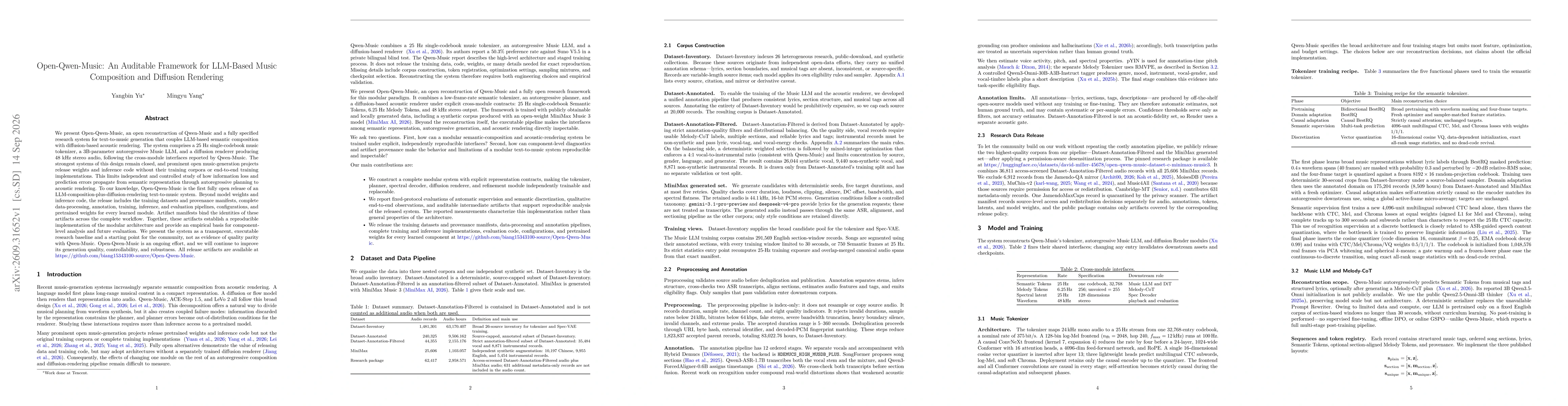 Thumbnail for Open-Qwen-Music: An Auditable Framework for LLM-Based Music Composition and Diffusion Rendering