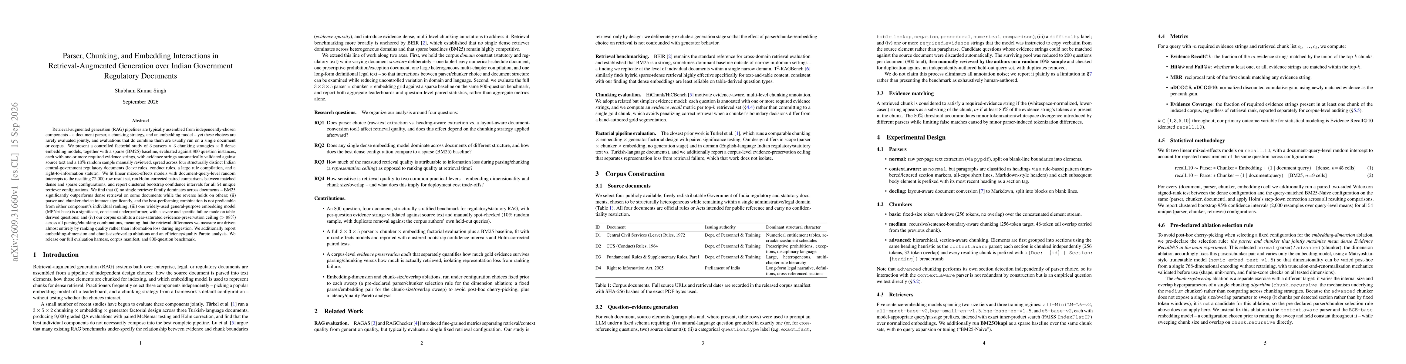 Thumbnail for Parser, Chunking, and Embedding Interactions in Retrieval-Augmented Generation over Indian Government Regulatory Documents