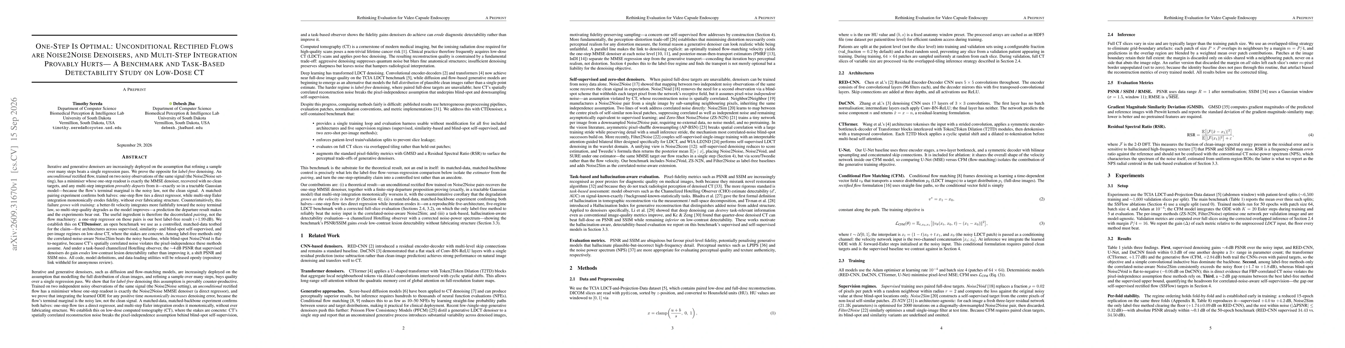 Thumbnail for One-Step Is Optimal: Unconditional Rectified Flows are Noise2Noise Denoisers, and Multi-Step Integration Provably Hurts---A Benchmark and Task-Based Detectability Study on Low-Dose CT