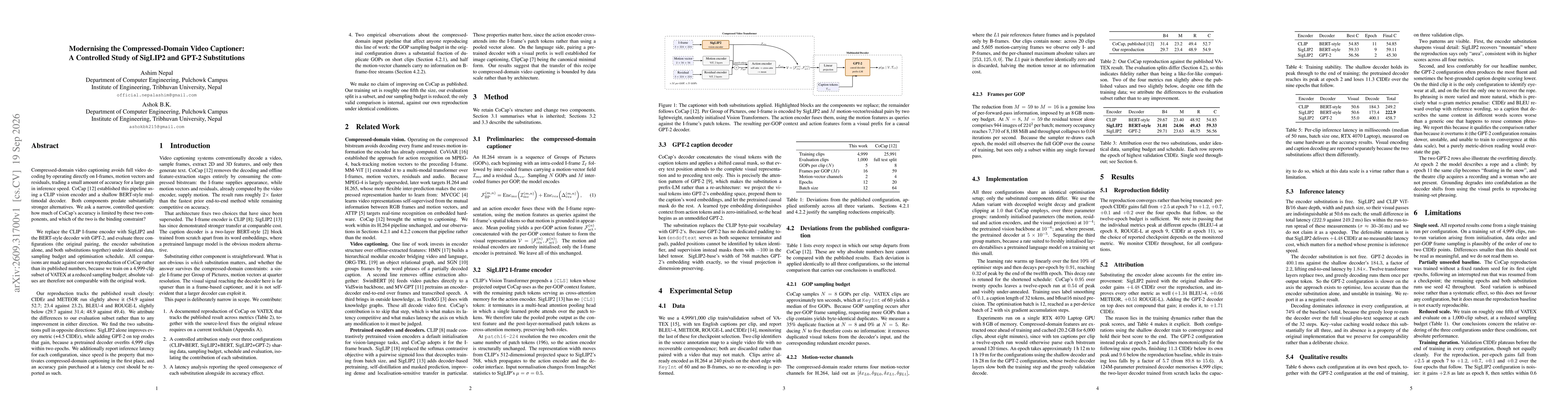 Thumbnail for Modernising the Compressed-Domain Video Captioner: A Controlled Study of SigLIP2 and GPT-2 Substitutions