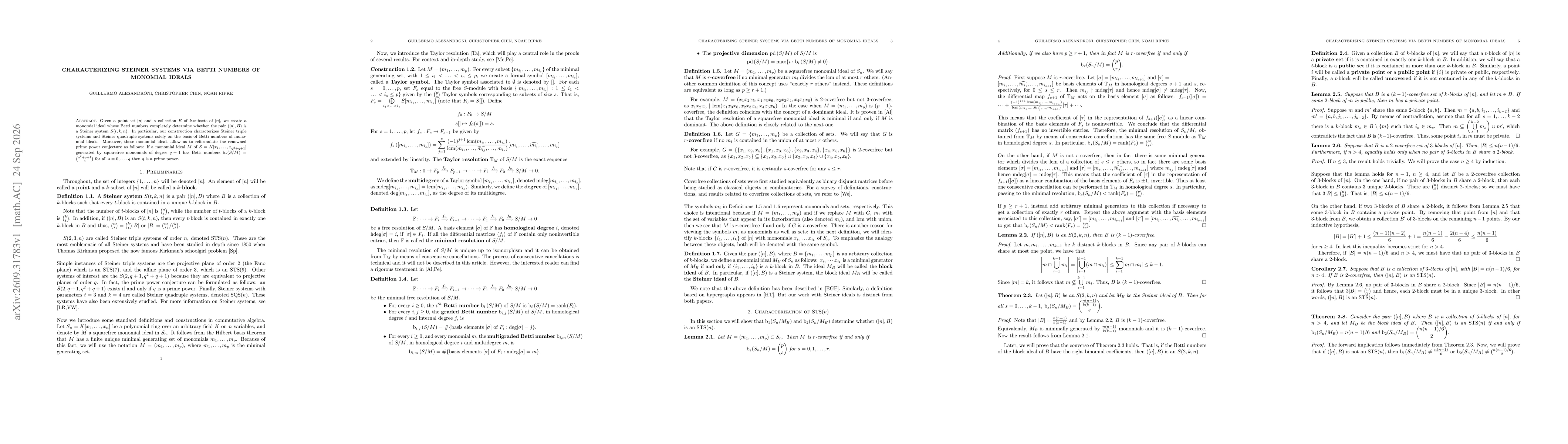 Thumbnail for Characterizing Steiner Systems via Betti Numbers of Monomial Ideals