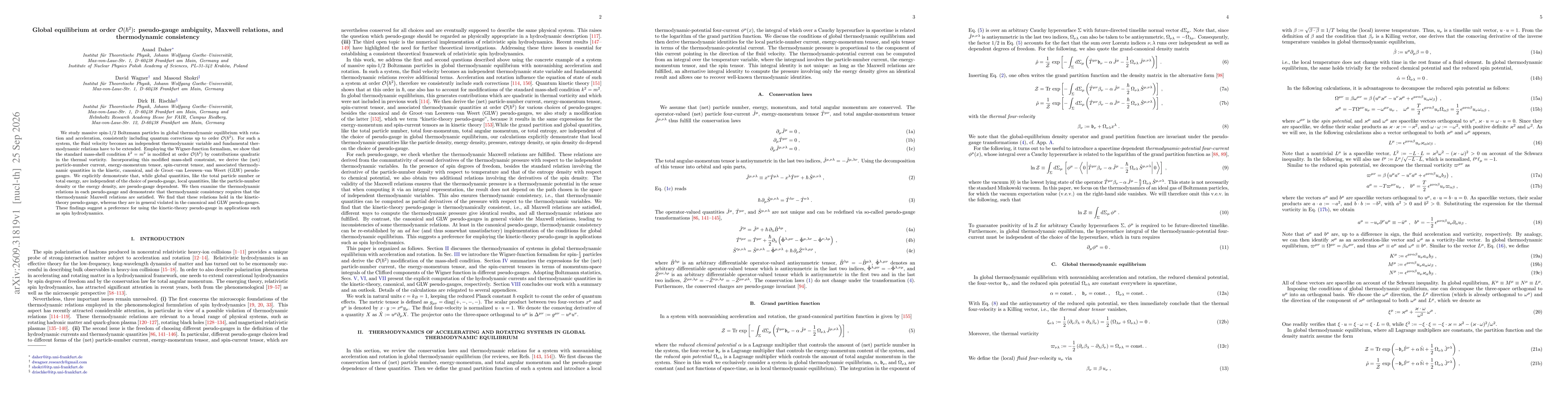 Thumbnail for Global equilibrium at order $\mathcal{O}(\hbar^2)$: pseudo-gauge ambiguity, Maxwell relations, and thermodynamic consistency