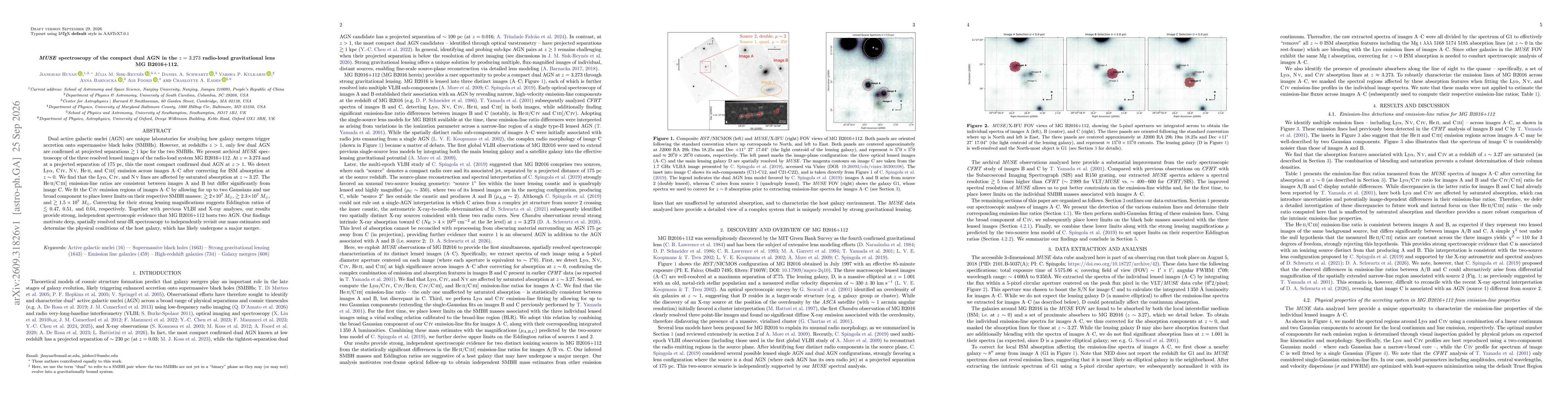 Thumbnail for MUSE spectroscopy of the compact dual AGN in the $z=3.273$ radio-loud gravitational lens MG B2016+112