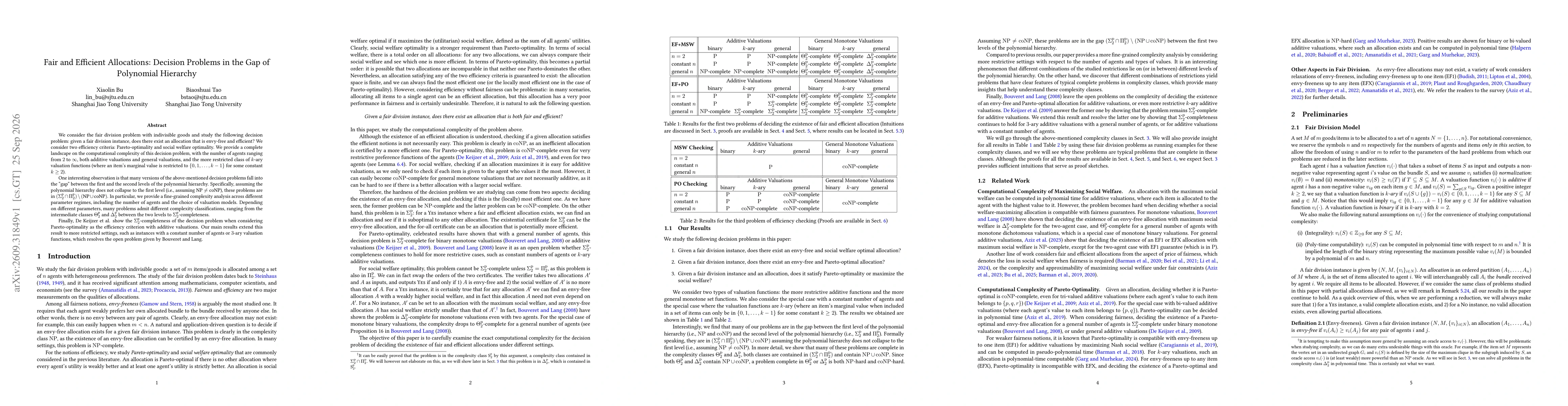 Thumbnail for Fair and Efficient Allocations: Decision Problems in the Gap of Polynomial Hierarchy