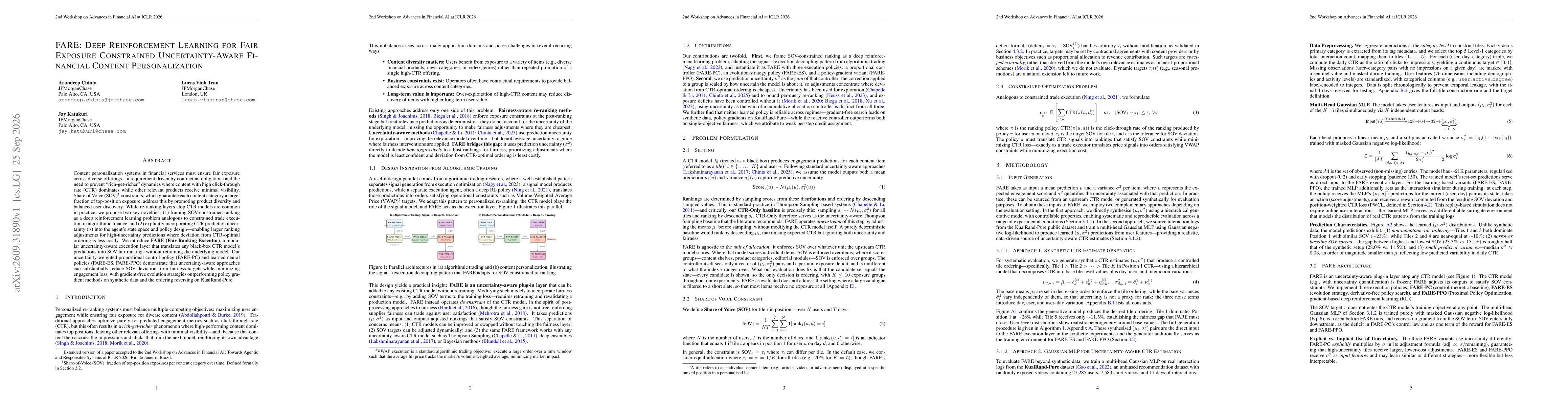 Thumbnail for FARE: Deep Reinforcement Learning For Fair Exposure Constrained Uncertainty Aware Financial Content Personalization
