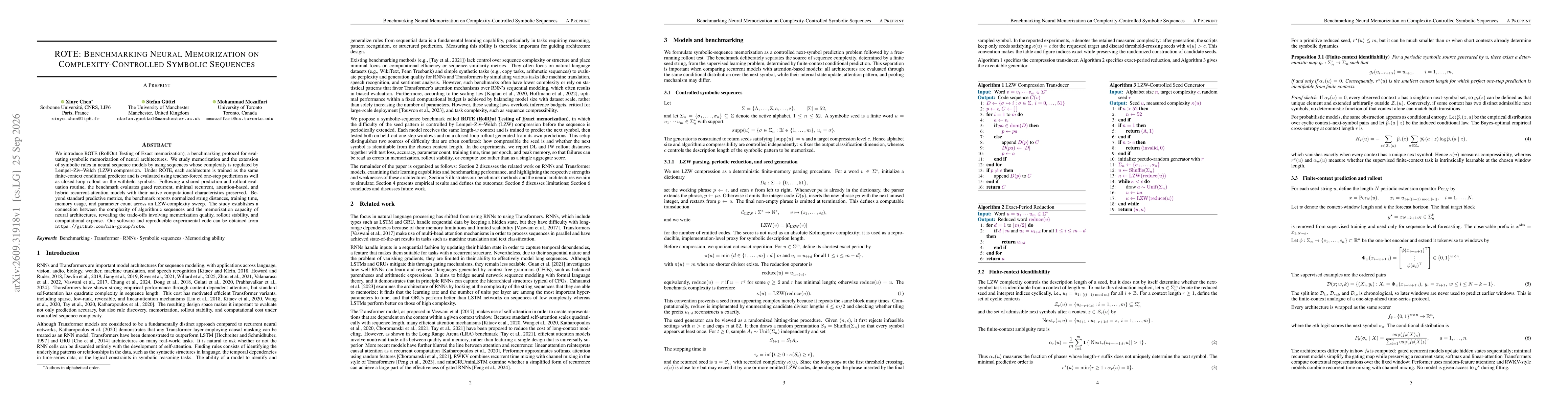 Thumbnail for ROTE: Benchmarking Neural Memorization on Complexity-Controlled Symbolic Sequences