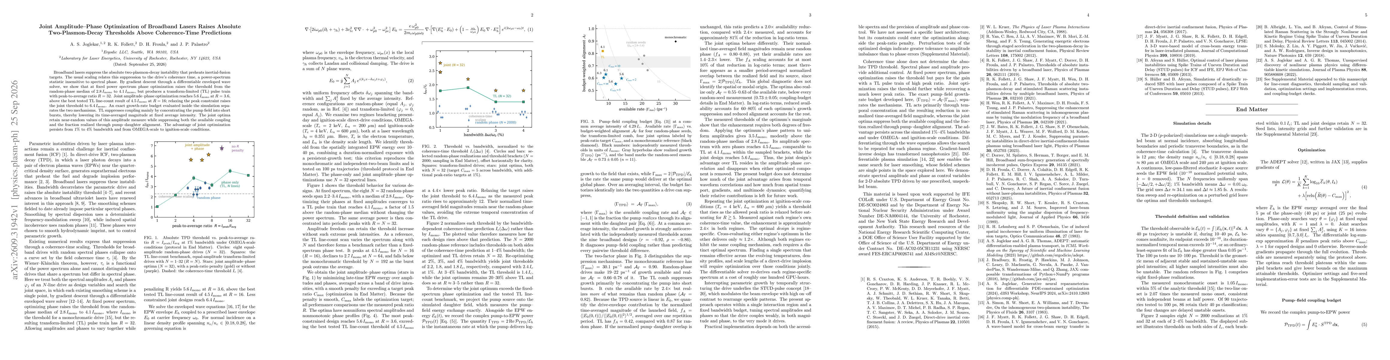 Thumbnail for Joint Amplitude-Phase Optimization of Broadband Lasers Raises Absolute Two-Plasmon-Decay Thresholds Above Coherence-Time Predictions