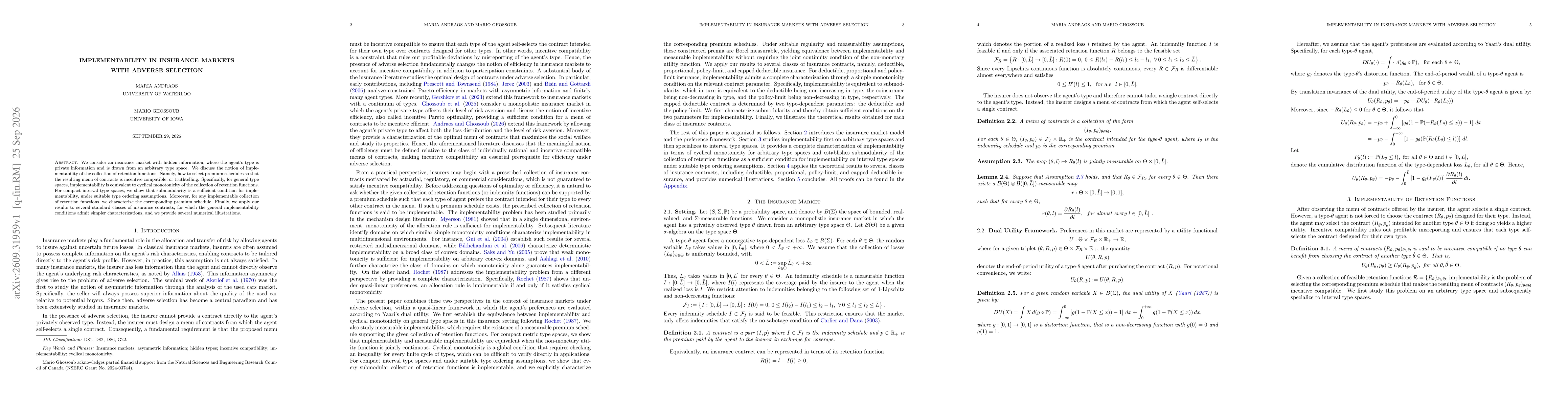 Thumbnail for Implementability in Insurance Markets with Adverse Selection