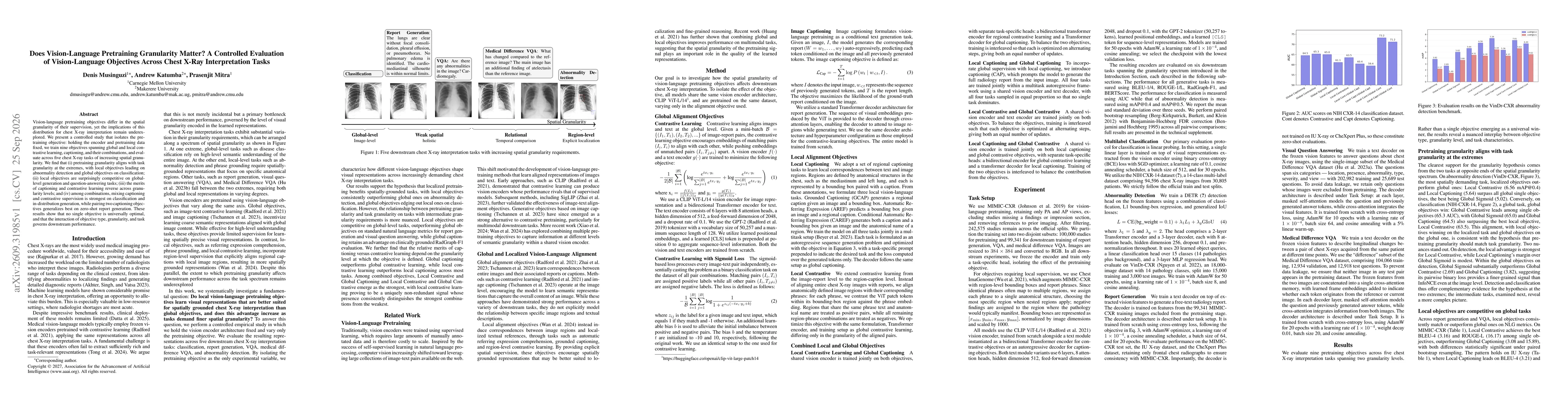 Thumbnail for Does Vision-Language Pretraining Granularity Matter? A Controlled Evaluation of Vision-Language Objectives Across Chest X-Ray Interpretation Tasks