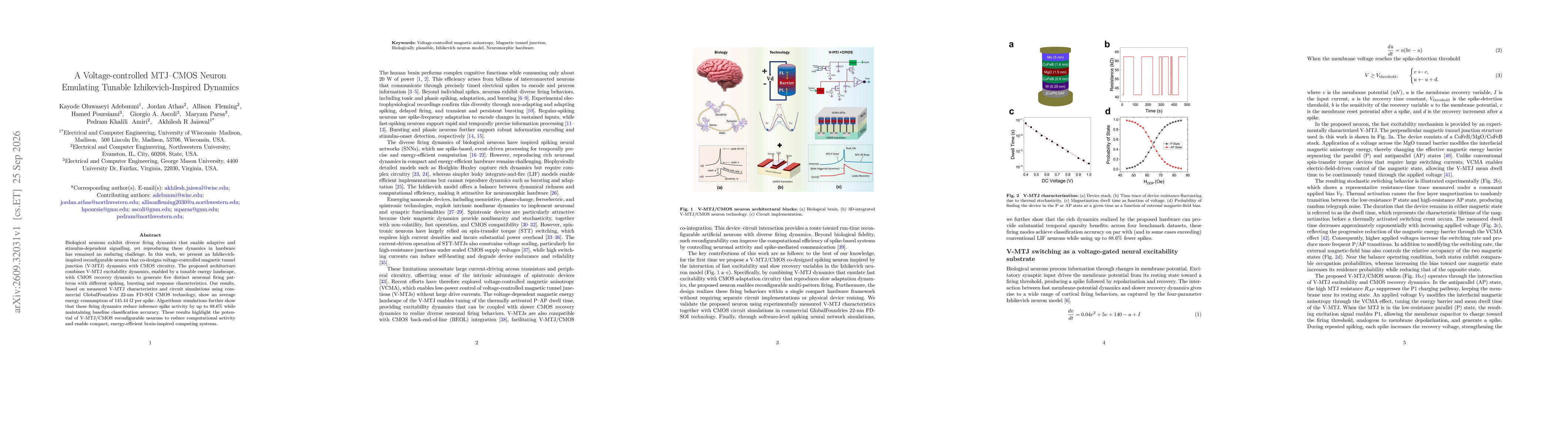 Thumbnail for A Voltage-controlled MTJ-CMOS Neuron Emulating Tunable Izhikevich-Inspired Dynamics