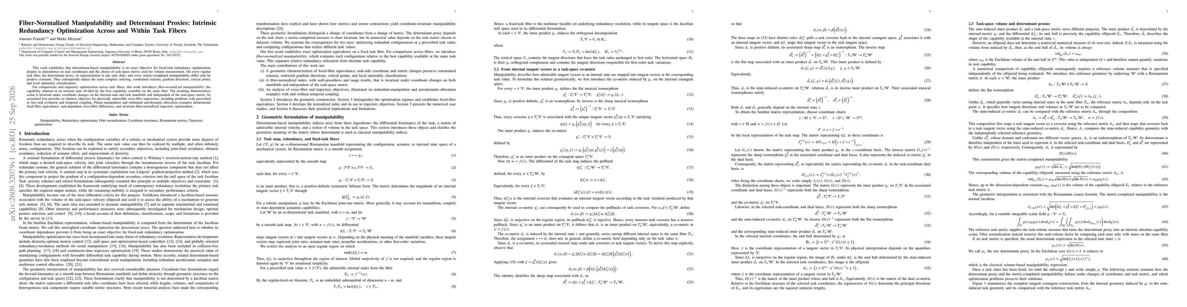 Thumbnail for Fiber-Normalized Manipulability and Determinant Proxies: Intrinsic Redundancy Optimization Across and Within Task Fibers