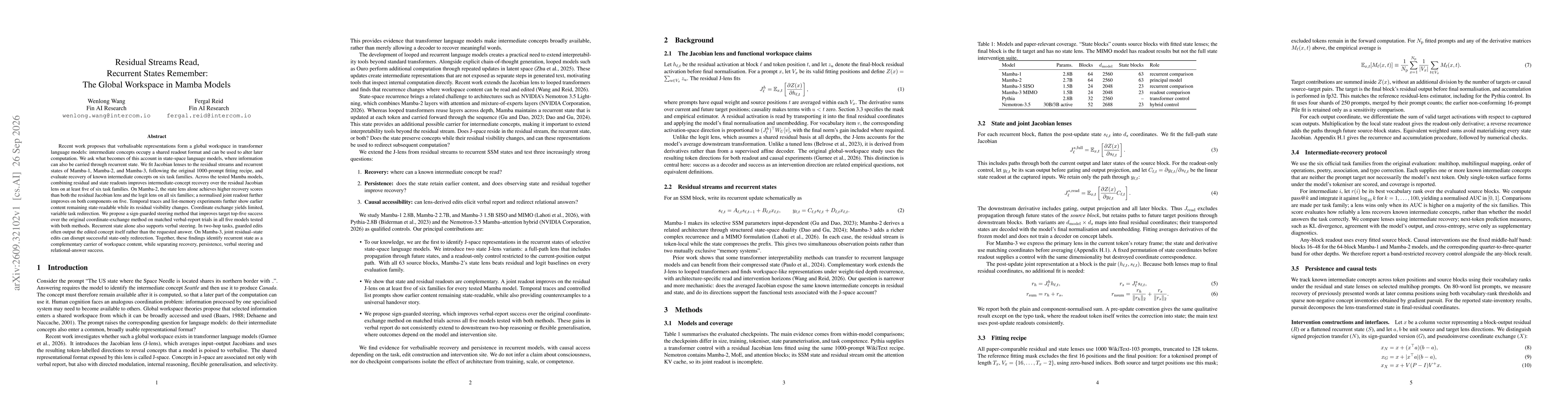 Thumbnail for Residual Streams Read, Recurrent States Remember: The Global Workspace in Mamba Models