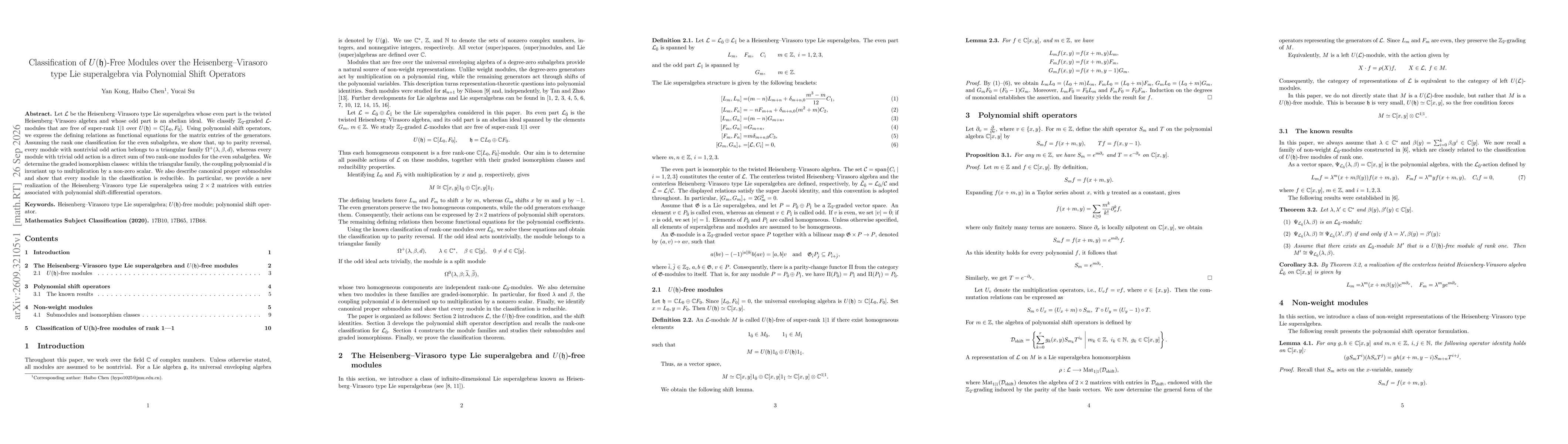 Thumbnail for Classification of \(U(\mathfrak h)\)-Free Modules over the Heisenberg-Virasoro type Lie superalgebra via Polynomial Shift Operators