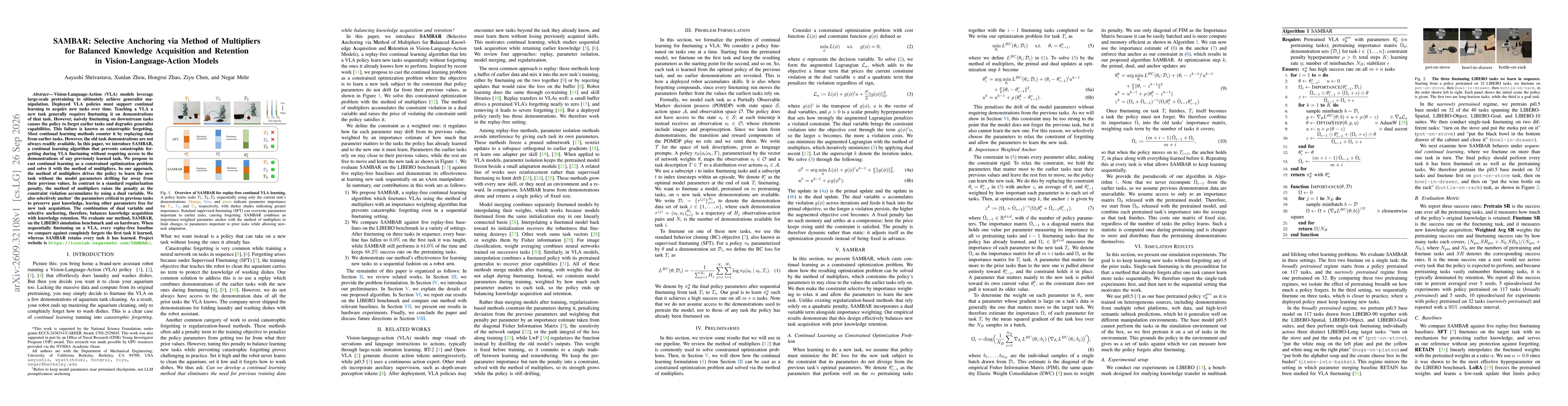Thumbnail for SAMBAR: Selective Anchoring via Method of Multipliers for Balanced Knowledge Acquisition and Retention in Vision-Language-Action Models