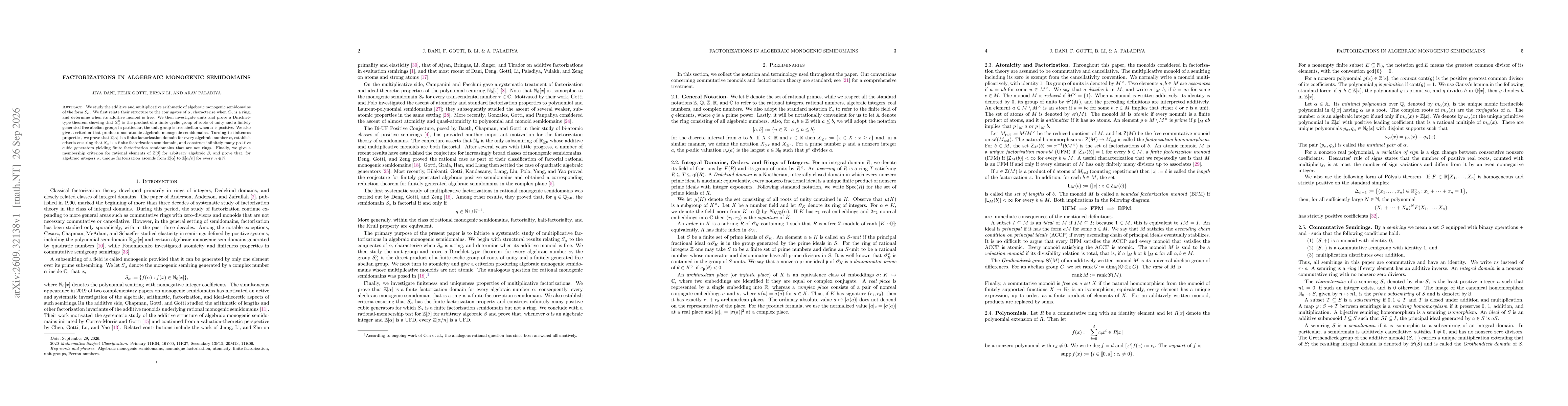 Thumbnail for Factorizations in algebraic monogenic semidomains