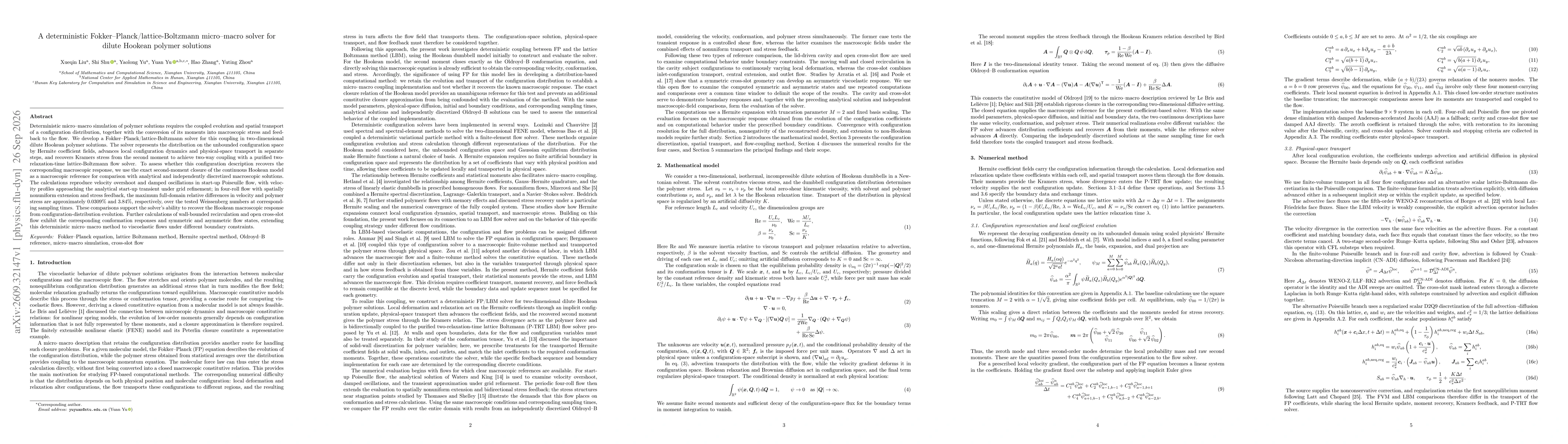 Thumbnail for A deterministic Fokker--Planck/lattice-Boltzmann micro--macro solver for dilute Hookean polymer solutions