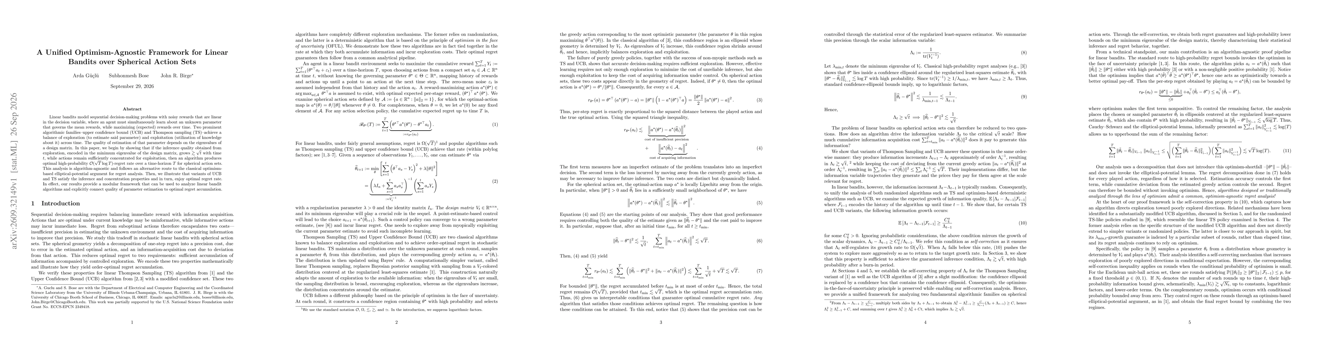 Thumbnail for A Unified Optimism-Agnostic Framework for Linear Bandits over Spherical Action Sets