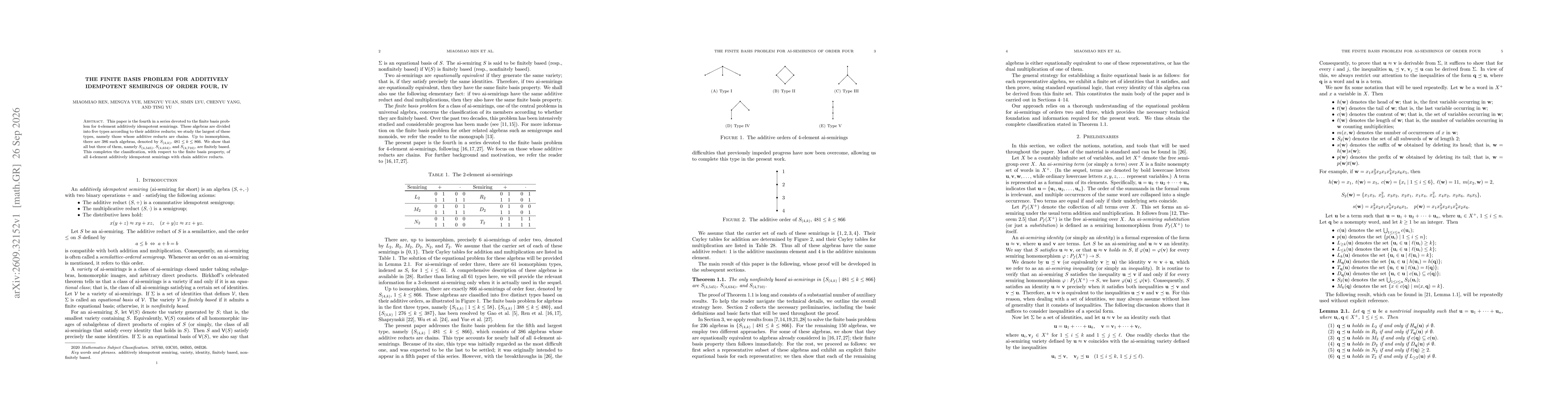 Thumbnail for The finite basis problem for additively idempotent semirings of order four, IV