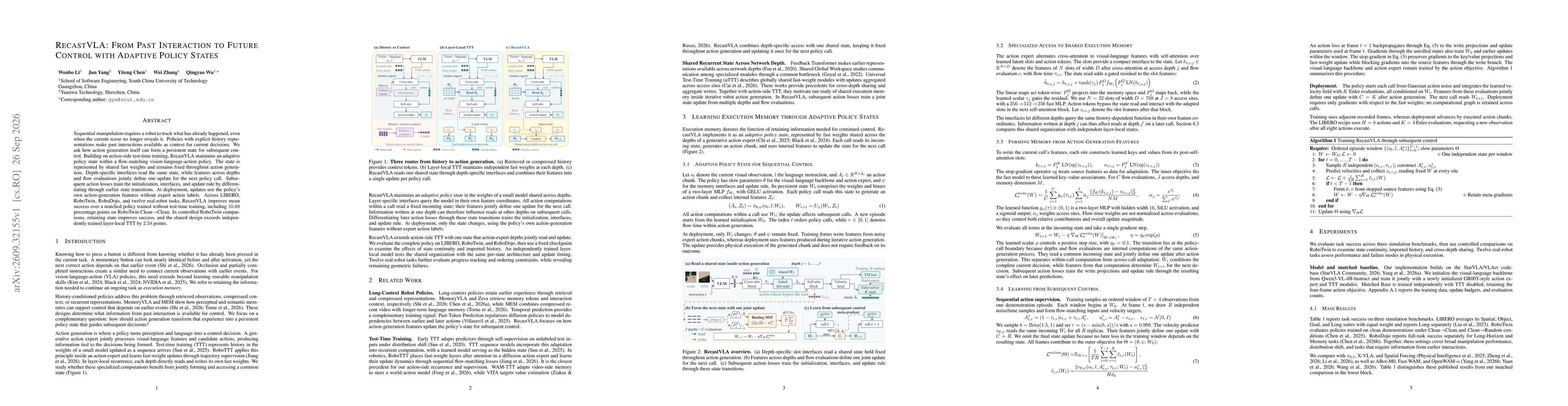 Thumbnail for RecastVLA: From Past Interaction to Future Control with Adaptive Policy States