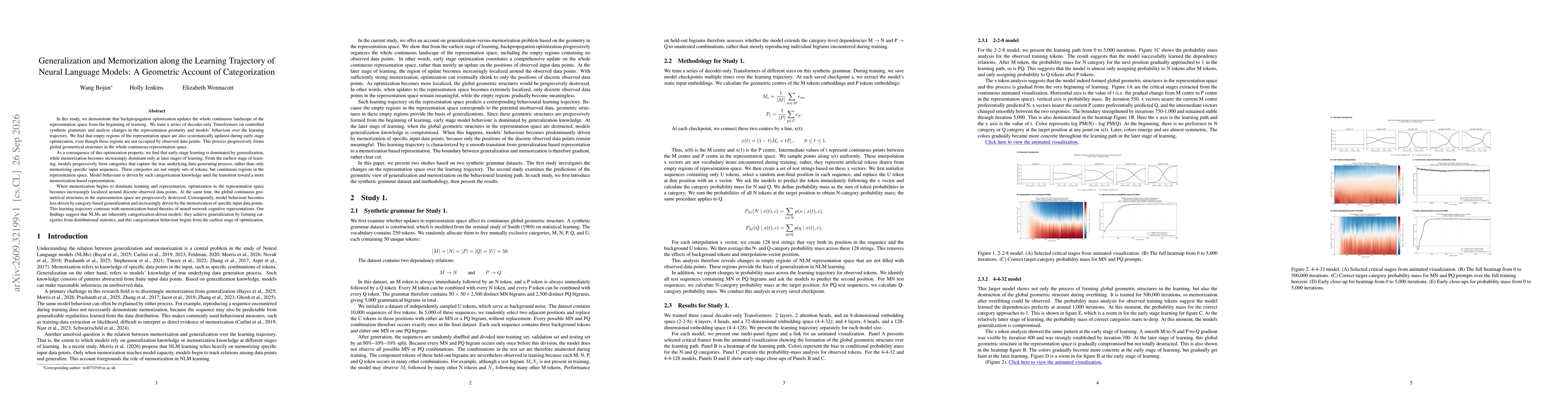 Thumbnail for Generalization and Memorization along the Learning Trajectory of Neural Language Models: A Geometric Account of Categorization