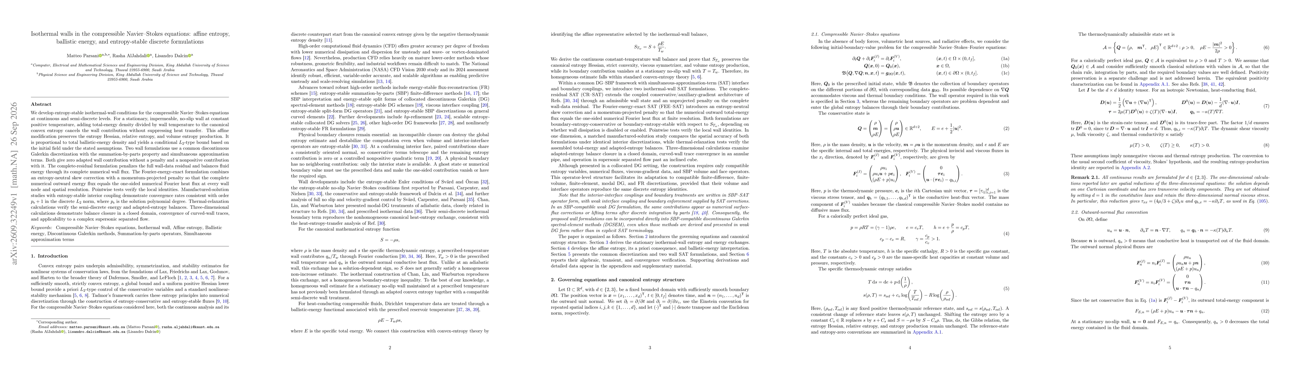 Thumbnail for Isothermal walls in the compressible Navier-Stokes equations: affine entropy, ballistic energy, and entropy-stable discrete formulations