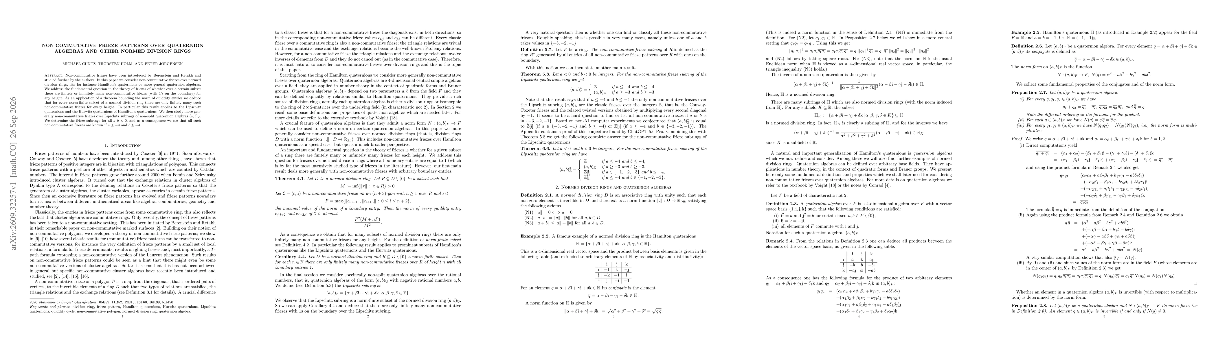 Thumbnail for Non-commutative frieze patterns over quaternion algebras and other normed division rings