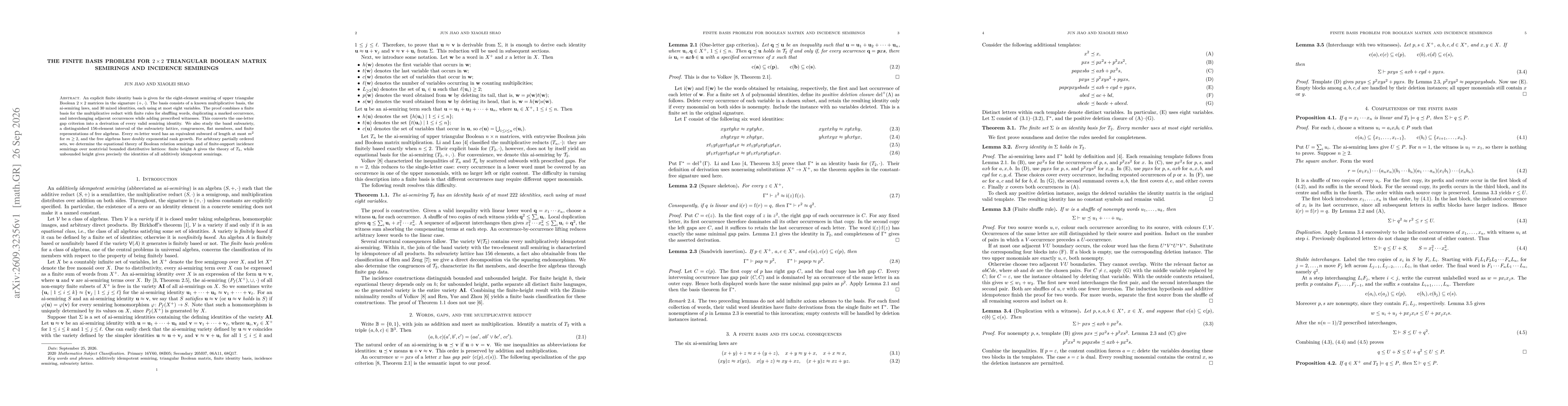 Thumbnail for The finite basis problem for $2\times 2$ triangular Boolean matrix semirings and incidence semirings