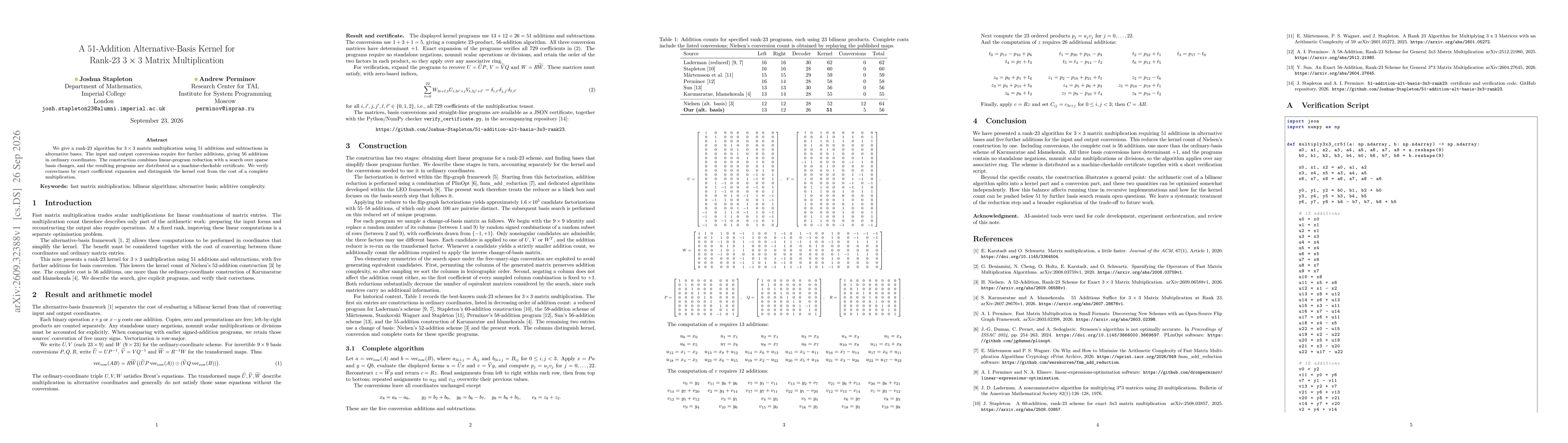 Thumbnail for A 51-Addition Alternative-Basis Kernel for Rank-23 $3\times3$ Matrix Multiplication