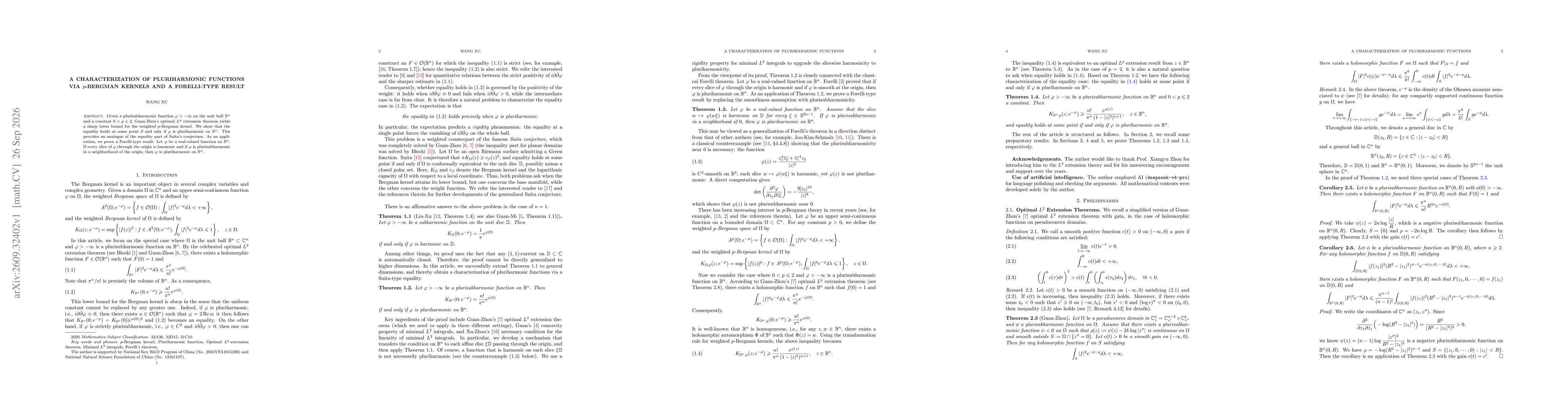Thumbnail for A Characterization of Pluriharmonic Functions via $p$-Bergman Kernels and A Forelli-type Result