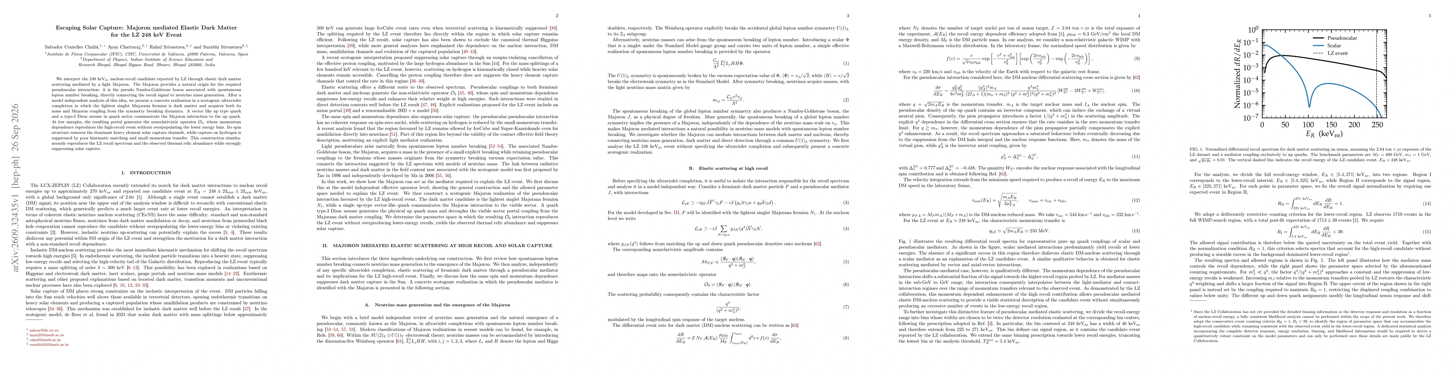 Thumbnail for Escaping Solar Capture: Majoron mediated Elastic Dark Matter for the LZ 248~keV Event