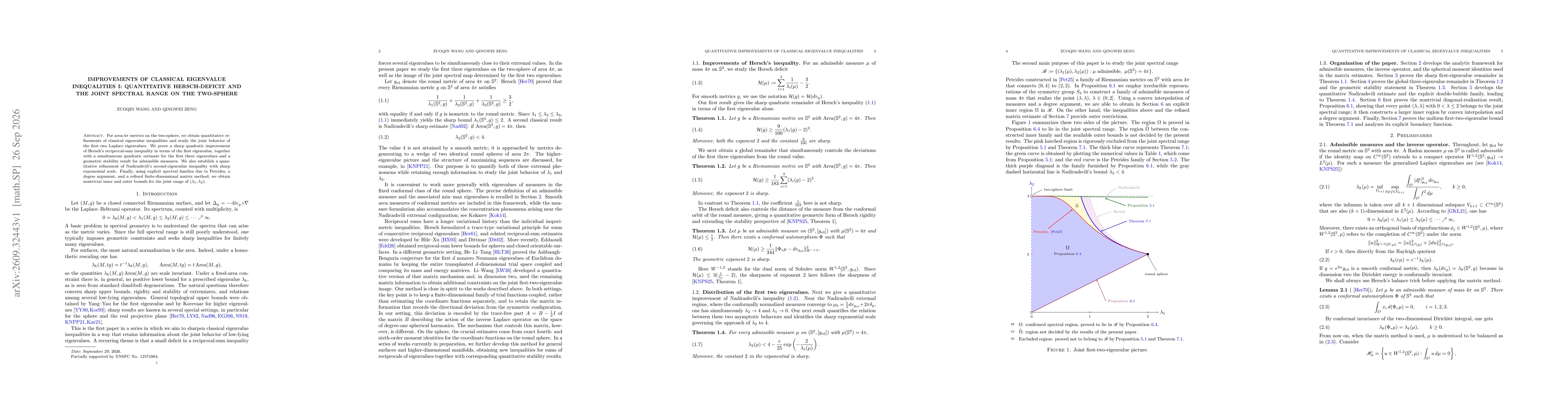 Thumbnail for Improvements of Classical Eigenvalue Inequalities I: Quantitative Hersch-deficit and the Joint Spectral Range on the Two-Sphere