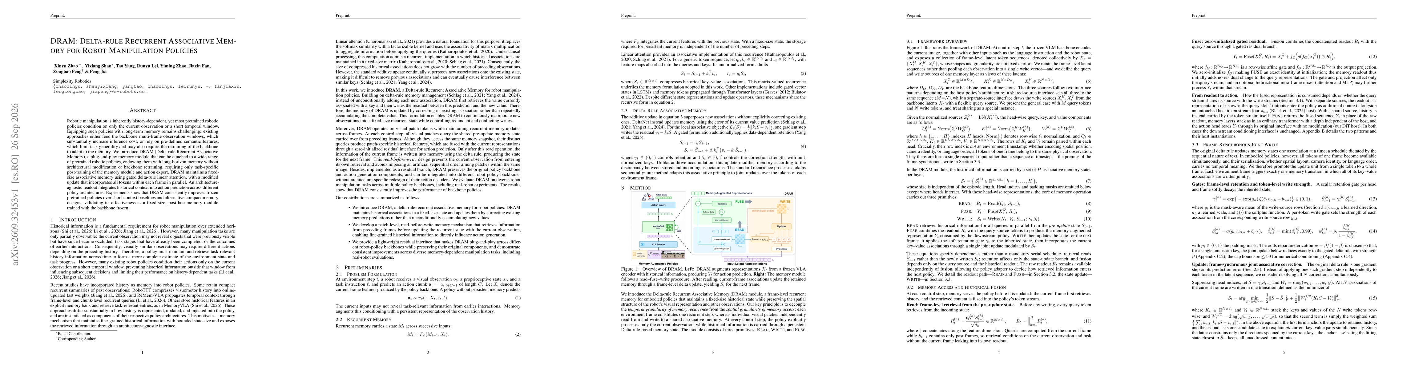 Thumbnail for DRAM: Delta-rule Recurrent Associative Memory for Robot Manipulation Policies