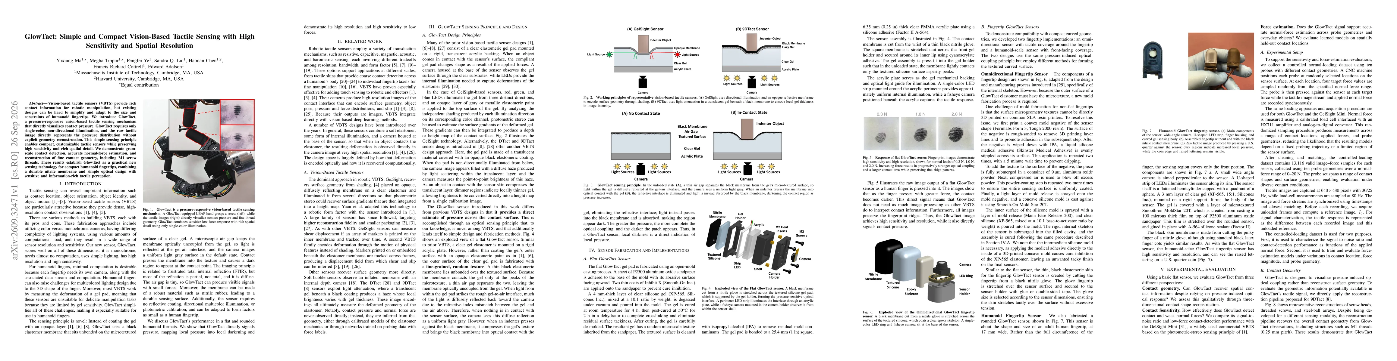 Thumbnail for GlowTact: Simple and Compact Vision-Based Tactile Sensing with High Sensitivity and Spatial Resolution