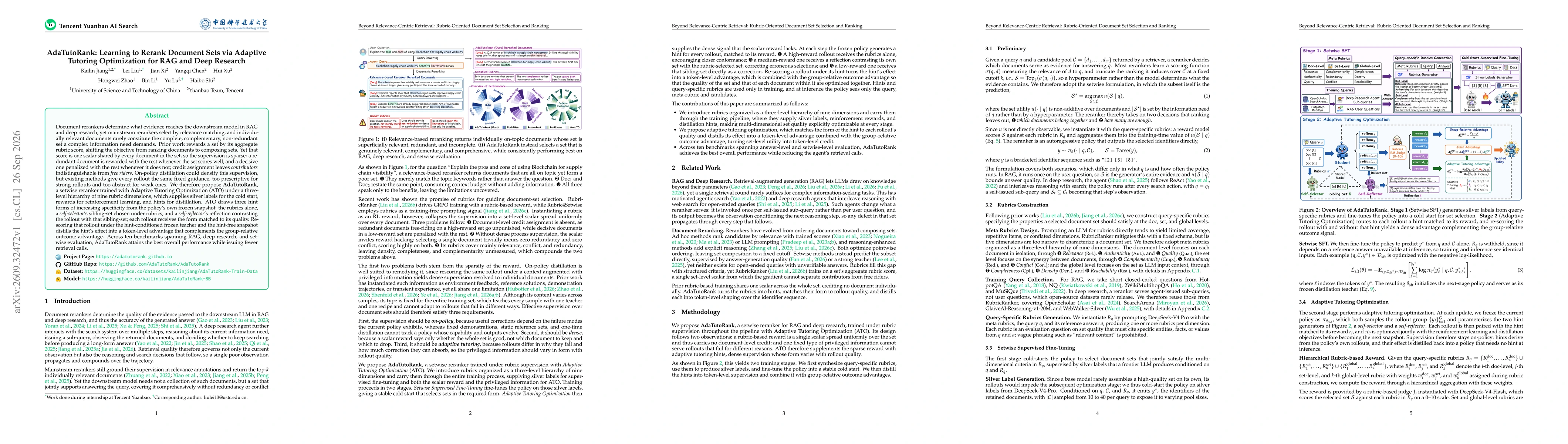 Thumbnail for AdaTutoRank: Learning to Rerank Document Sets via Adaptive Tutoring Optimization for RAG and Deep Research
