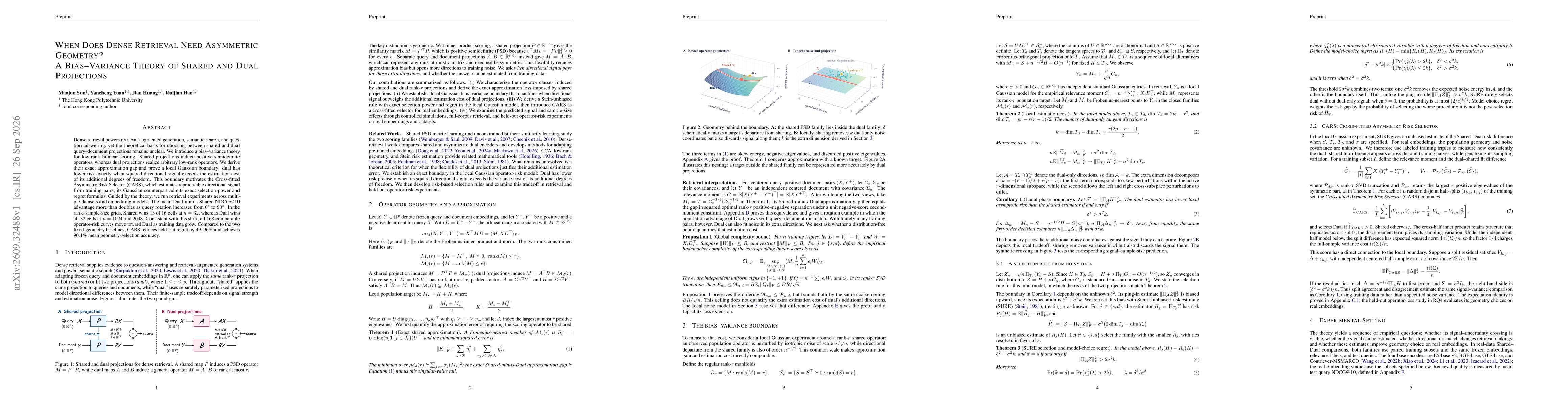Thumbnail for When Does Dense Retrieval Need Asymmetric Geometry? A Bias-Variance Theory of Shared and Dual Projections