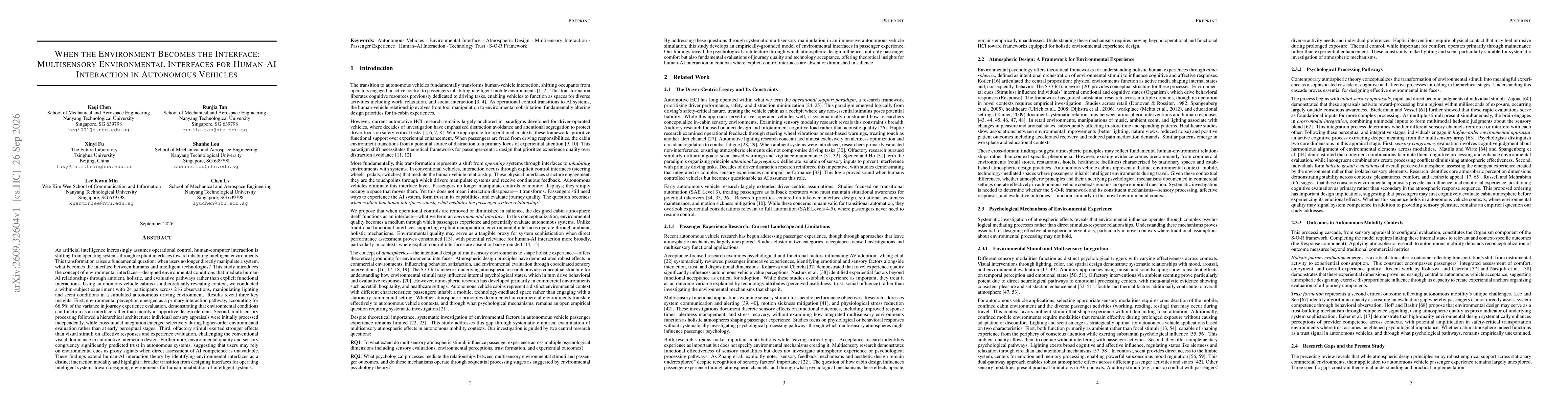 Thumbnail for When the Environment Becomes the Interface: Multisensory Environmental Interfaces for Human-AI Interaction in Autonomous Vehicles