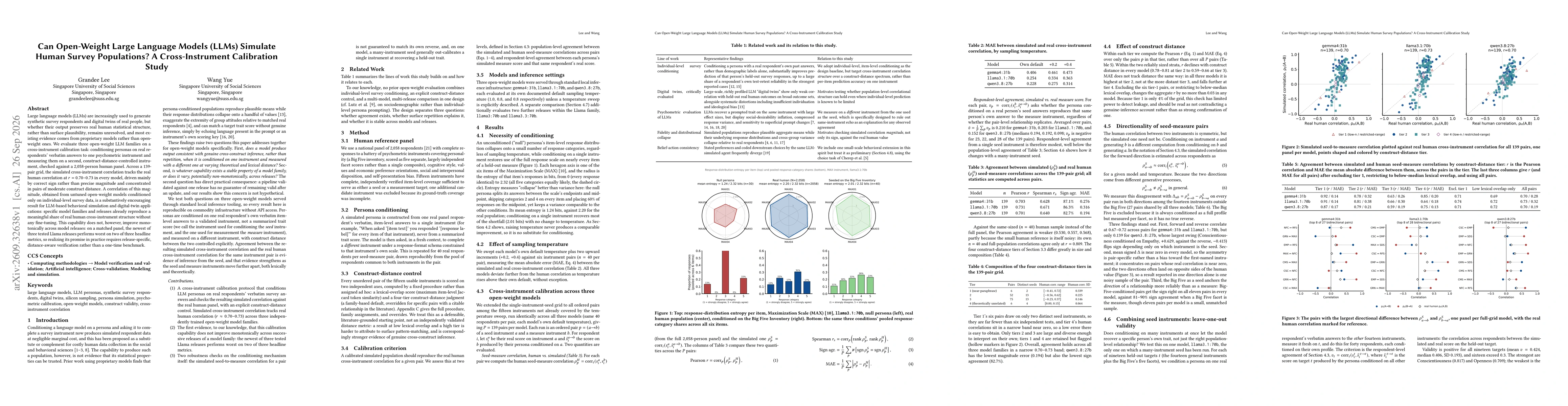 Thumbnail for Can Open-Weight Large Language Models (LLMs) Simulate Human Survey Populations? A Cross-Instrument Calibration Study