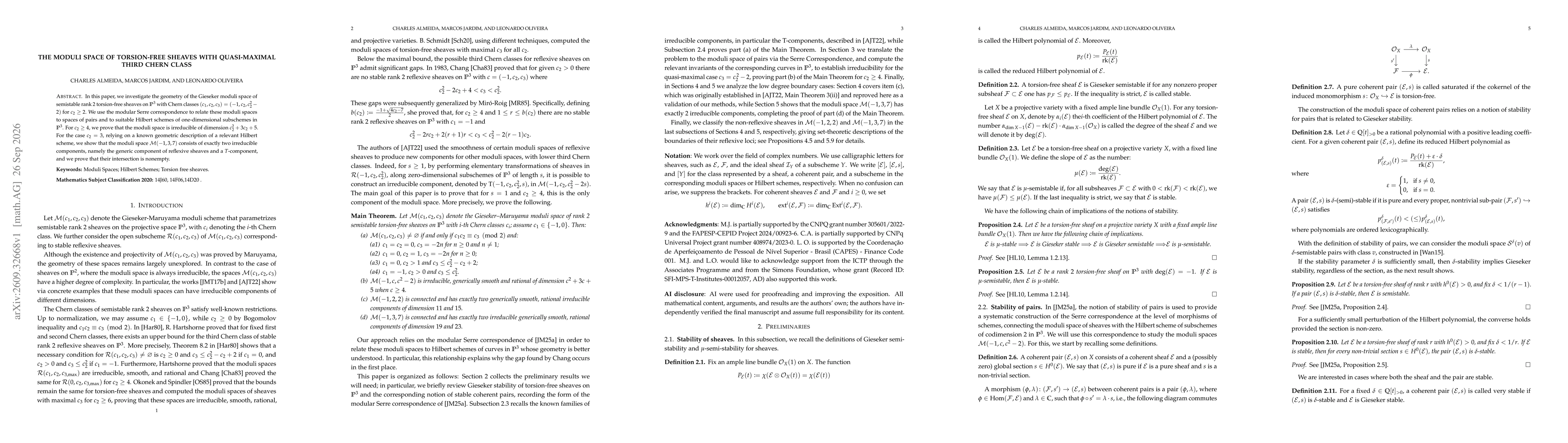 Thumbnail for The moduli space of torsion-free sheaves with quasi-maximal third Chern class