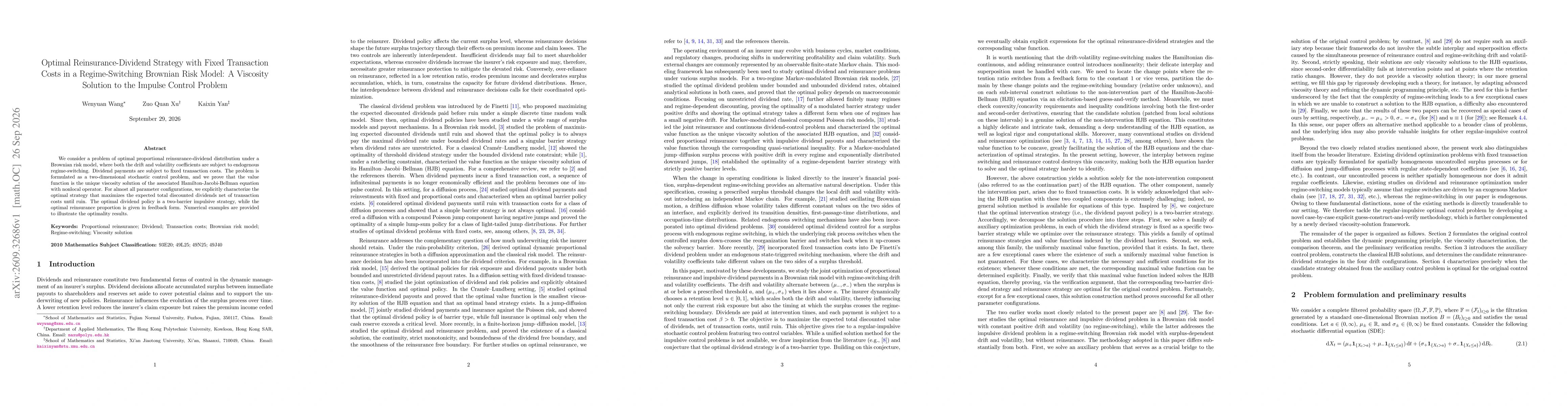 Thumbnail for Optimal Reinsurance-Dividend Strategy with Fixed Transaction Costs in a Regime-Switching Brownian Risk Model: A Viscosity Solution to the Impulse Control Problem