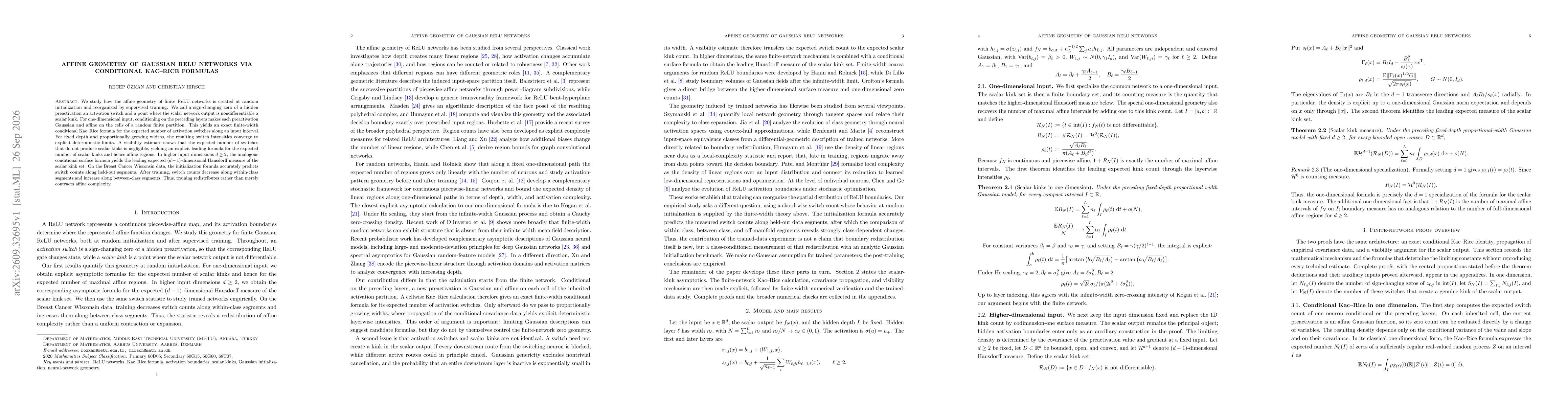 Thumbnail for Affine Geometry of Gaussian ReLU Networks via Conditional Kac-Rice Formulas
