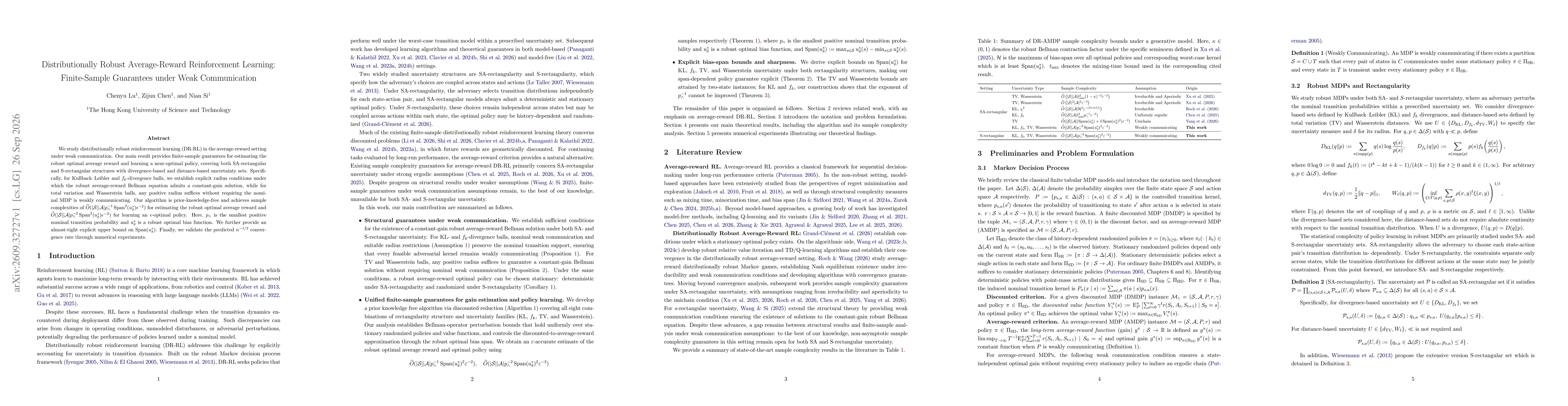 Thumbnail for Distributionally Robust Average-Reward Reinforcement Learning: Finite-Sample Guarantees under Weak Communication
