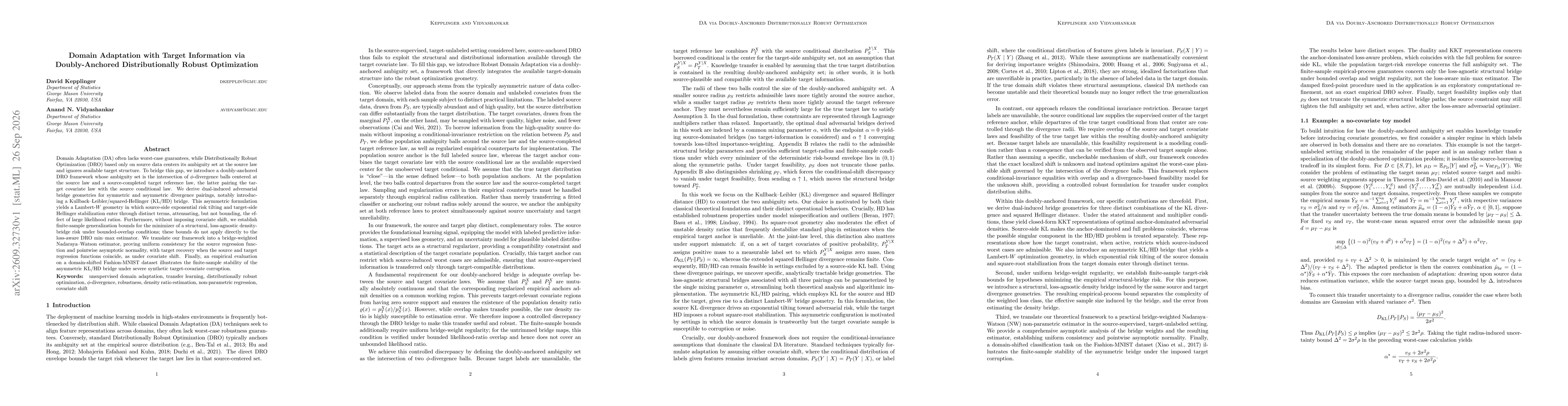 Thumbnail for Domain Adaptation with Target Information via Doubly-Anchored Distributionally Robust Optimization