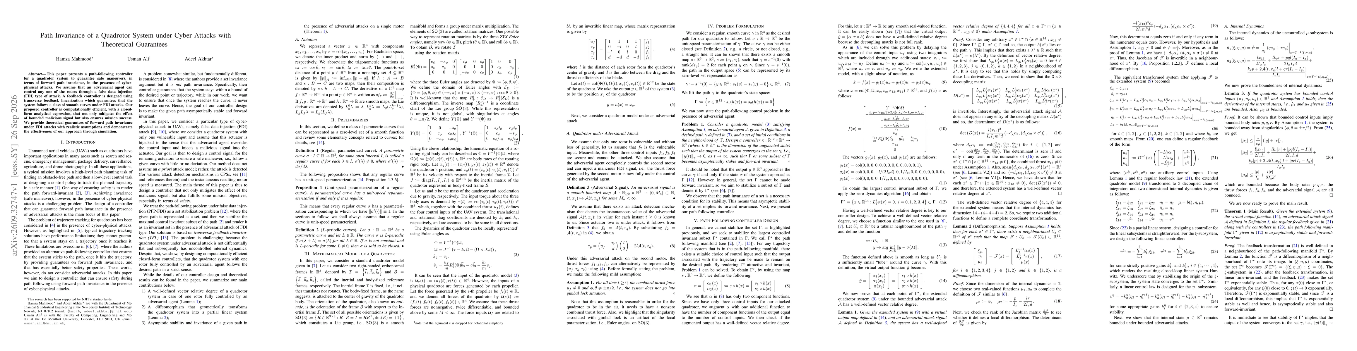 Thumbnail for Path Invariance of a Quadrotor System under Cyber Attacks with Theoretical Guarantees