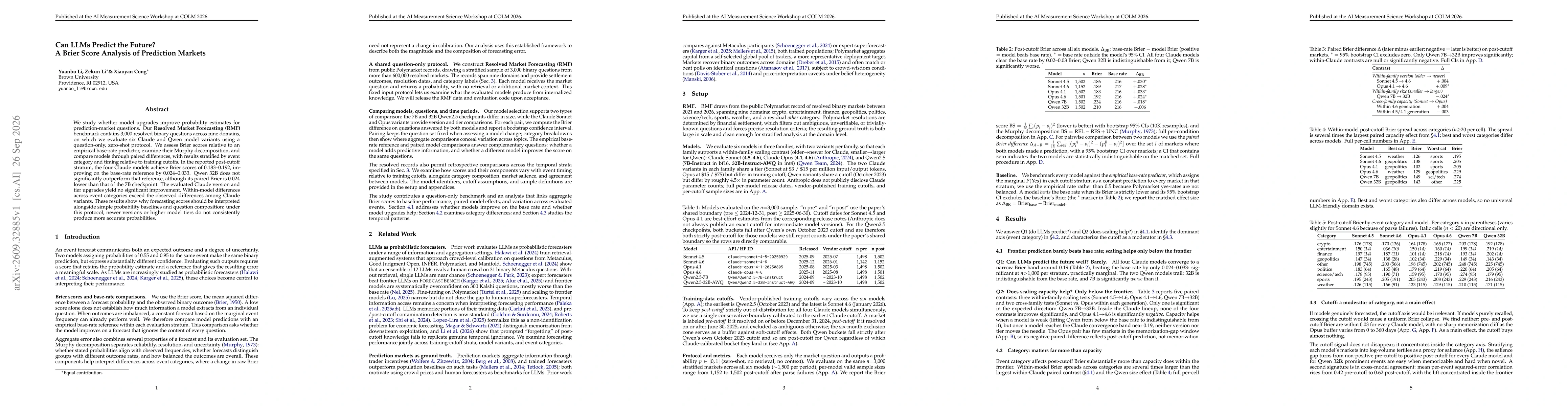 Thumbnail for Can LLMs Predict the Future? A Brier Score Analysis of Prediction Markets
