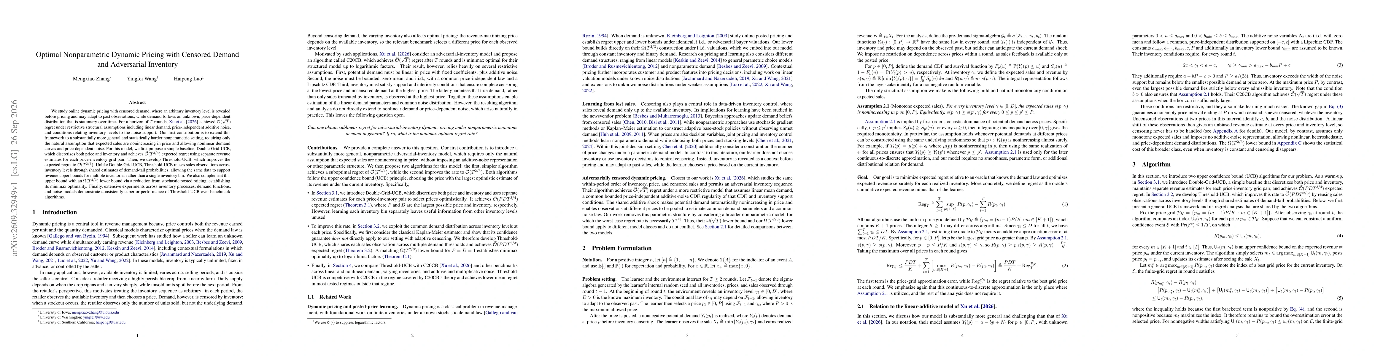 Thumbnail for Optimal Nonparametric Dynamic Pricing with Censored Demand and Adversarial Inventory