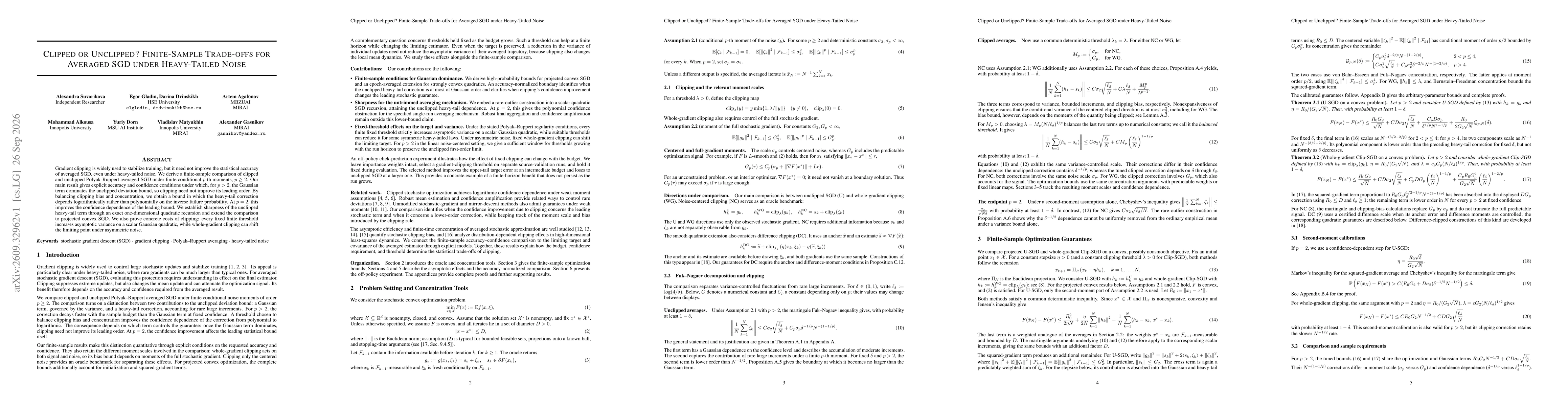 Thumbnail for Clipped or Unclipped? Finite-Sample Trade-offs for Averaged SGD under Heavy-Tailed Noise