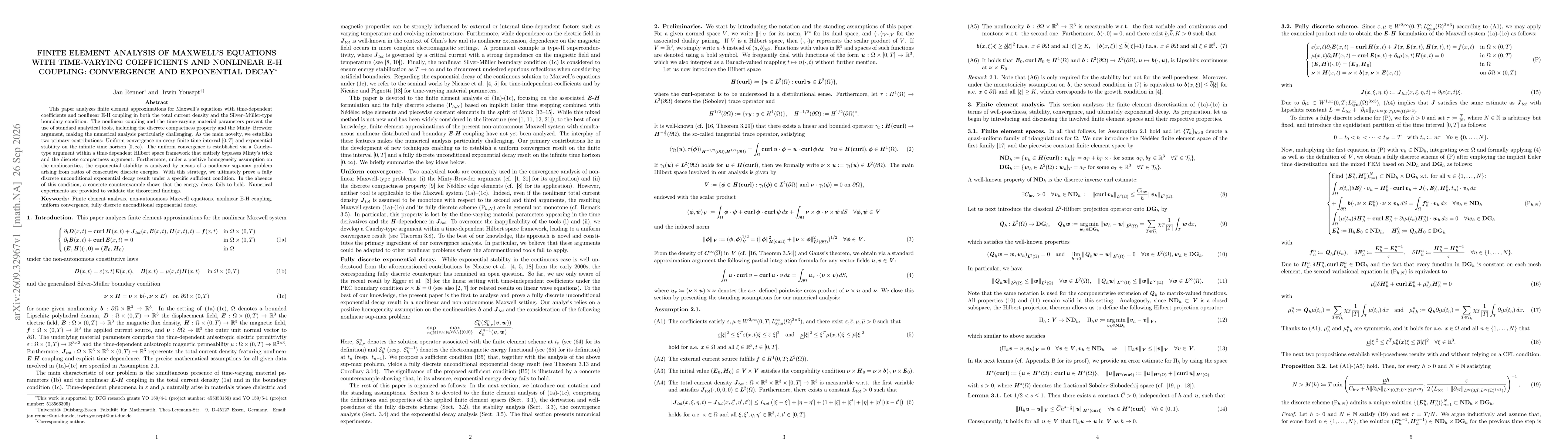 Thumbnail for Finite Element Analysis of Maxwell's Equations with Time-Varying Coefficients and Nonlinear E-H Coupling: Convergence and Exponential Decay