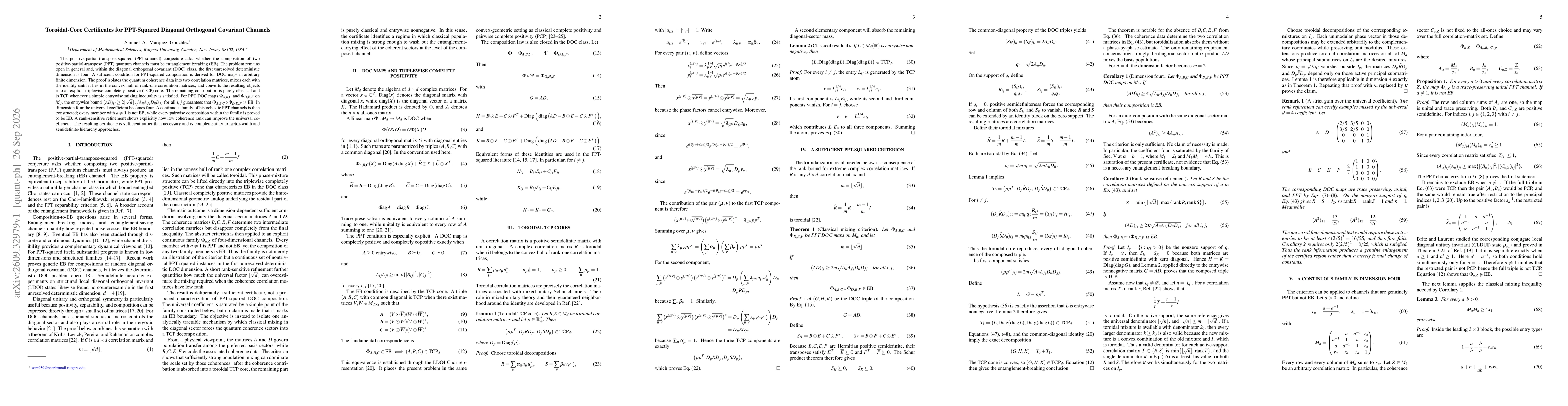 Thumbnail for Toroidal-Core Certificates for PPT-Squared Diagonal Orthogonal Covariant Channels